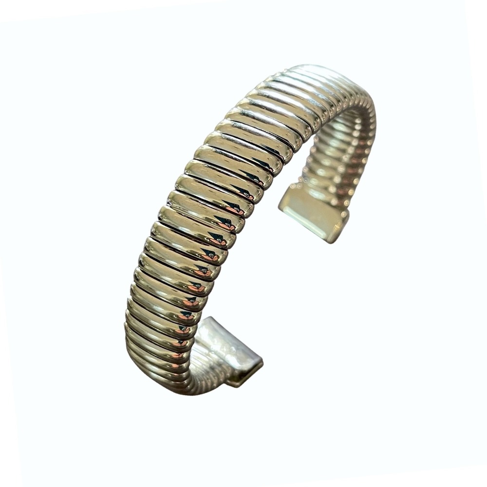 Ribbed Silver Gaspipe Cuff Bracelet Women OS Silver Modernist Polished Textured